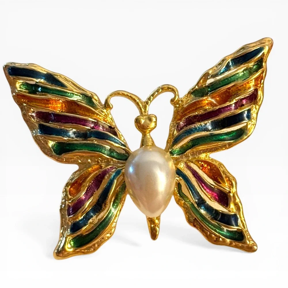 Vintage Gold Tone Multi‎ Color Enamel Butterfly Brooch Faux Pearl Accent Pin